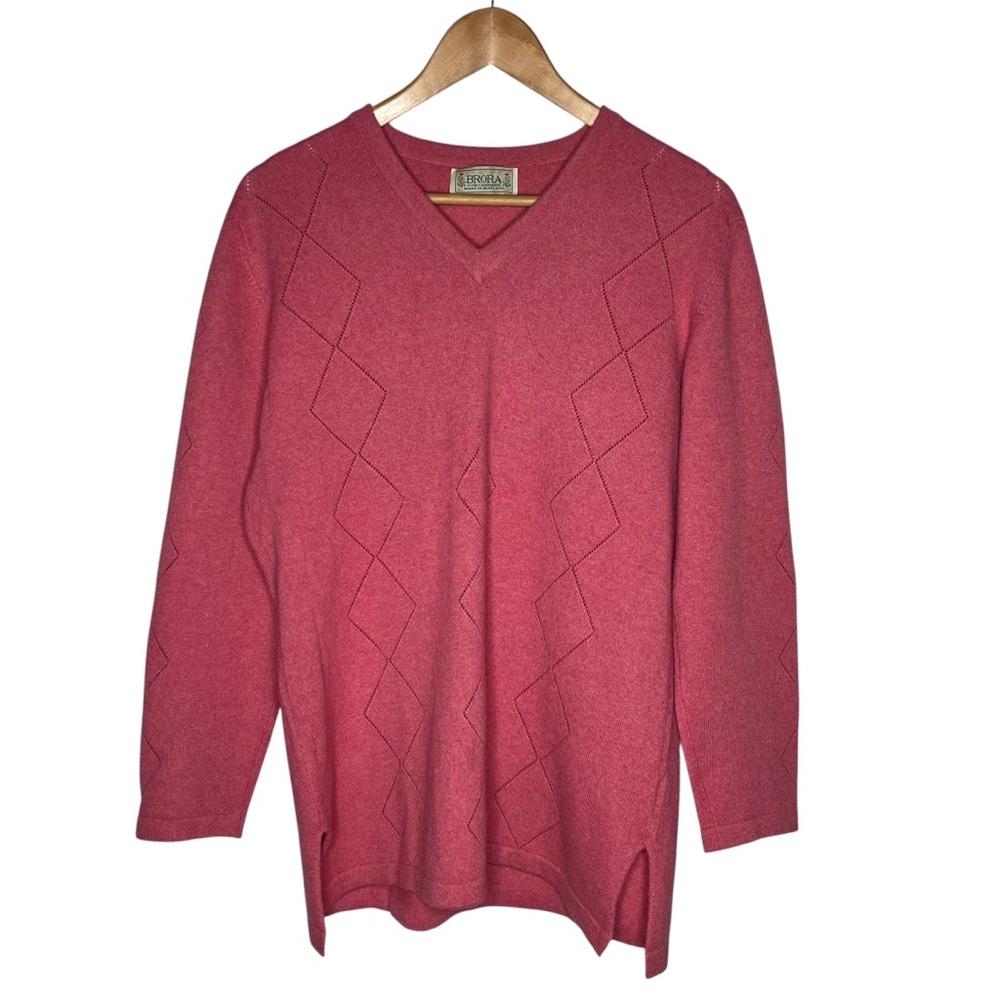 Vintage Brora Scottish Cashmere Pink Argyle V Neck Sweater Preppy Cottagecore